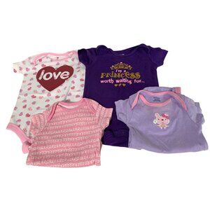 Lot of 4 Bodysuit Girls Infant Baby 12 months Short Sleeve Purple Pink